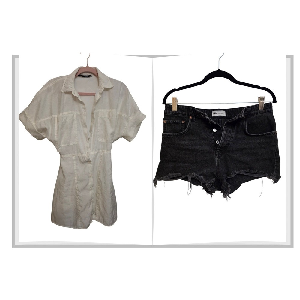 Zara Bundle White Shirt Dress &‎ Black Distressed Denim Shorts Women's Size M/6